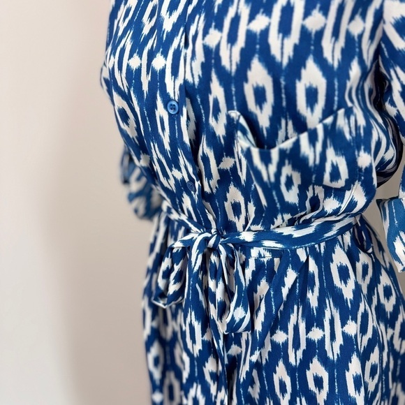 Anthropologie Maeve Ikat Belted Button Up Blue and White Dress (S) - Picture 3 of 9
